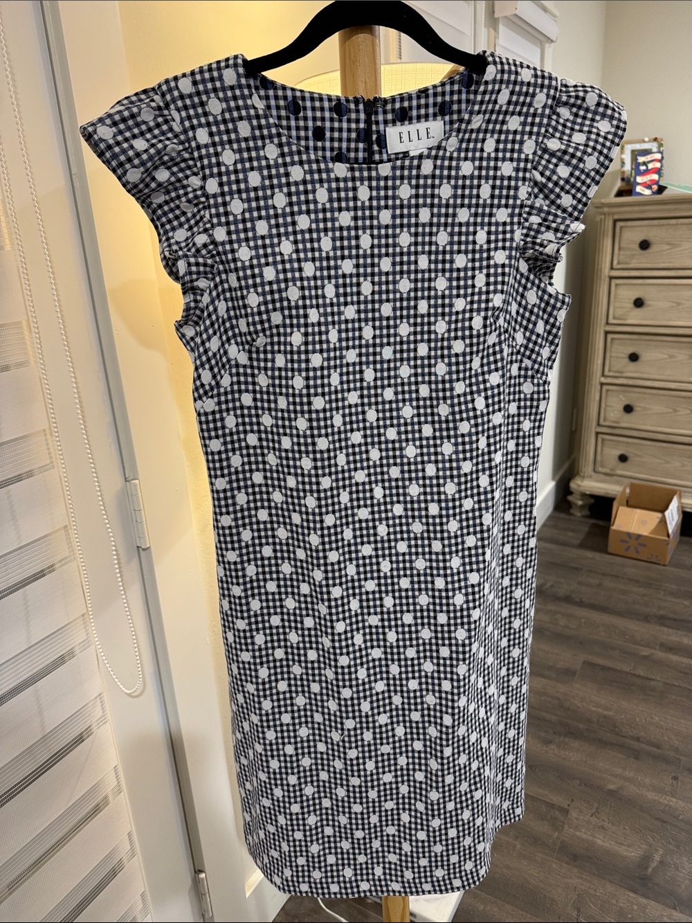 ELLE Blue and White Gingham Polka Dot Midi Dress